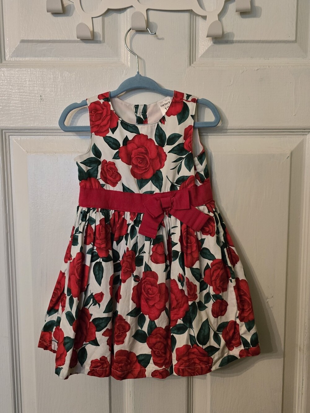 Carter's White Dress with Red Rose Print and Red Waist Bow